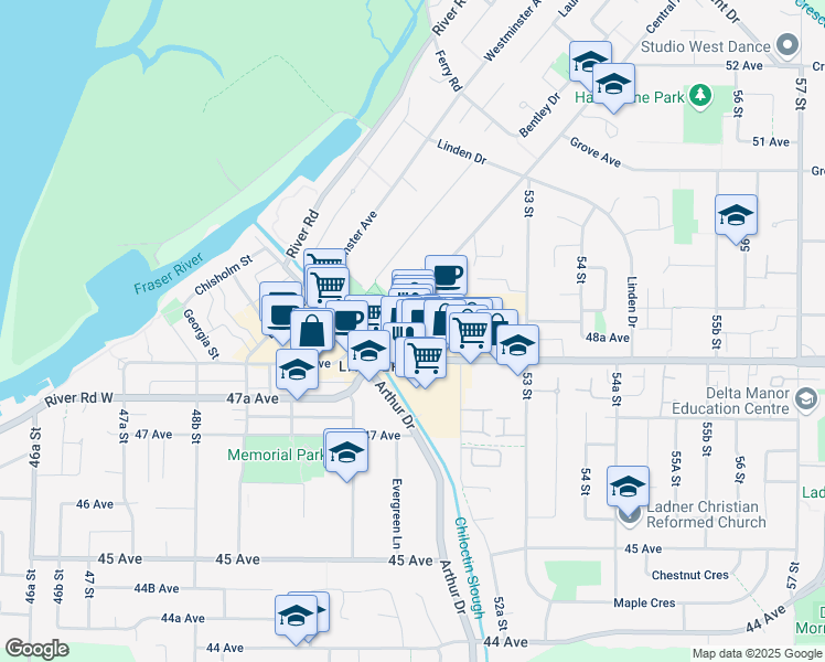 map of restaurants, bars, coffee shops, grocery stores, and more near 5225B Ladner Trunk Road in Delta