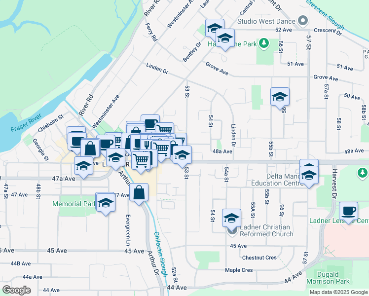 map of restaurants, bars, coffee shops, grocery stores, and more near in Delta