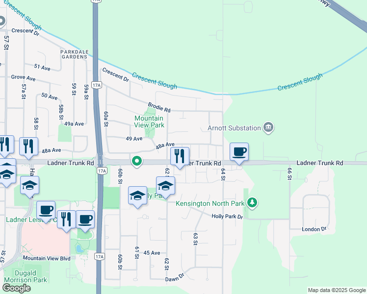 map of restaurants, bars, coffee shops, grocery stores, and more near 6250 48A Avenue in Delta