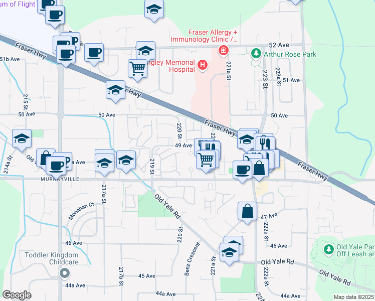 map of restaurants, bars, coffee shops, grocery stores, and more near 22020 49 Avenue in Langley