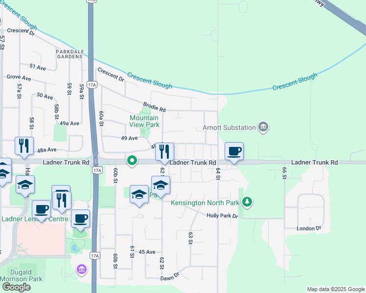 map of restaurants, bars, coffee shops, grocery stores, and more near 6280 48A Avenue in Delta
