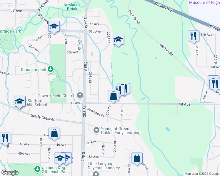 map of restaurants, bars, coffee shops, grocery stores, and more near 4870 209A Street in Langley City