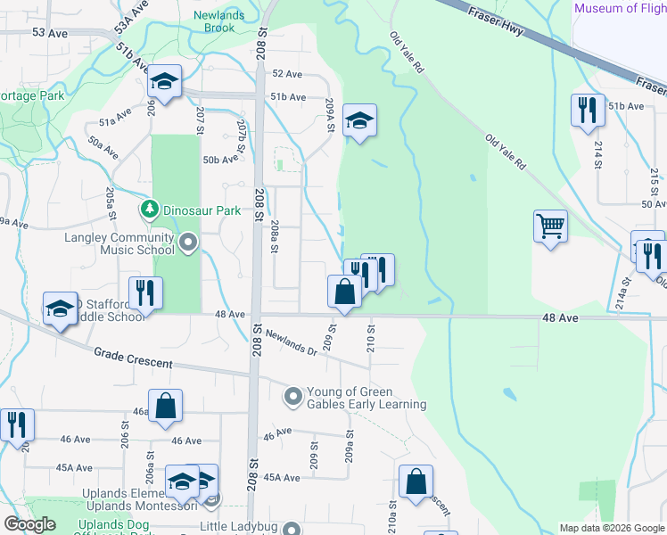 map of restaurants, bars, coffee shops, grocery stores, and more near 4870 209A Street in Langley