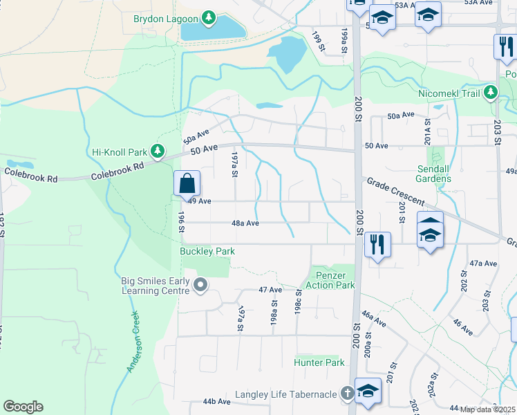 map of restaurants, bars, coffee shops, grocery stores, and more near 19756 49 Avenue in Langley