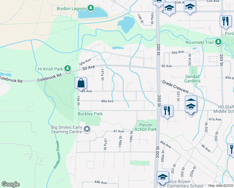map of restaurants, bars, coffee shops, grocery stores, and more near 19788 49 Avenue in Langley