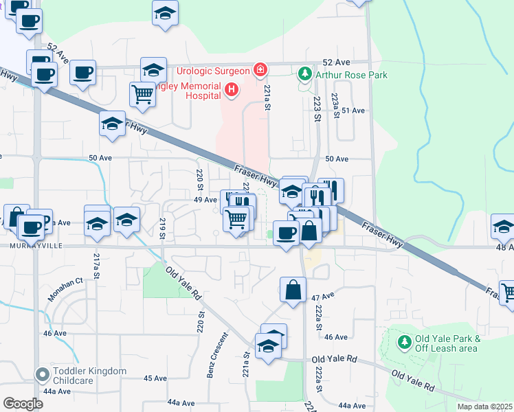 map of restaurants, bars, coffee shops, grocery stores, and more near 22136 49 Avenue in Langley