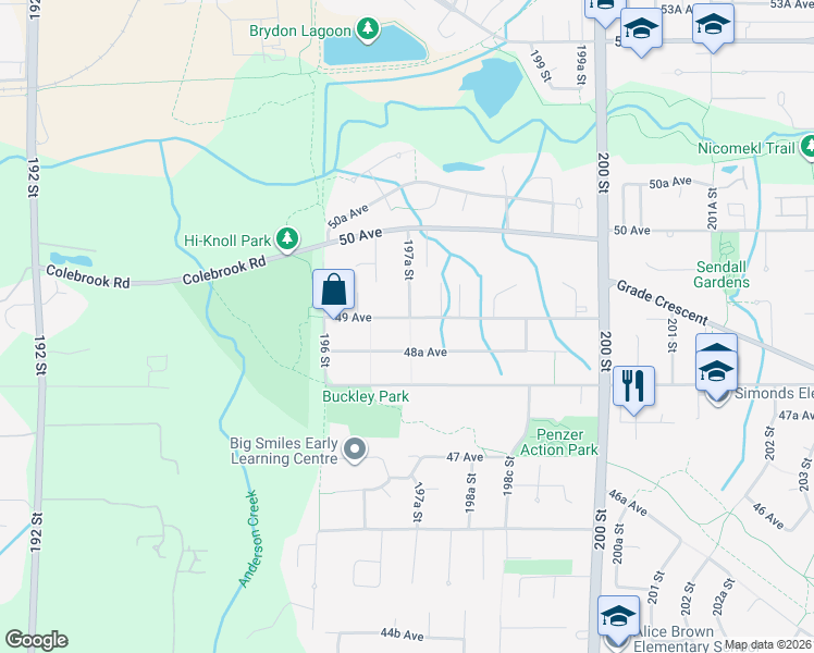 map of restaurants, bars, coffee shops, grocery stores, and more near 19712 49 Avenue in Langley
