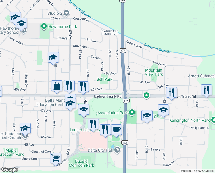 map of restaurants, bars, coffee shops, grocery stores, and more near 4857 59 Street in Delta