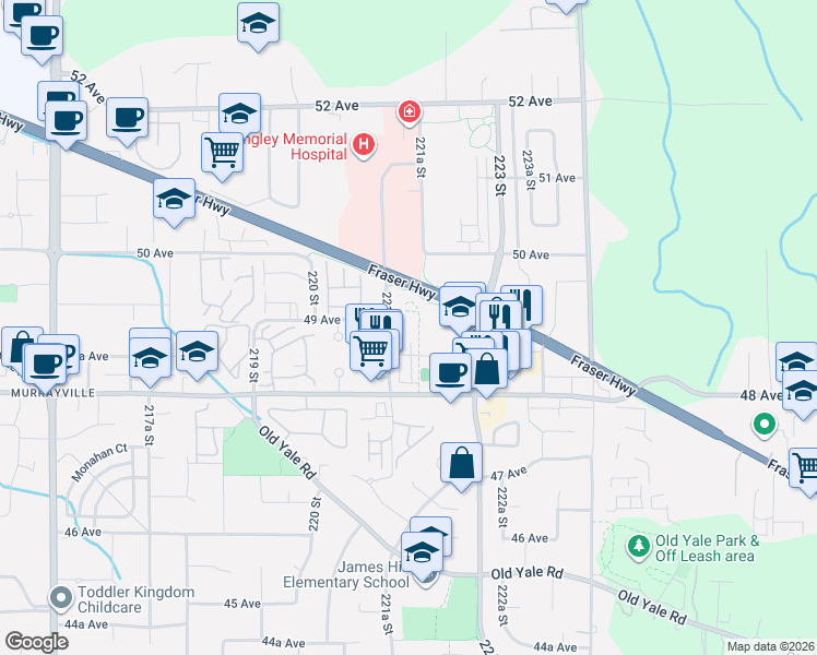 map of restaurants, bars, coffee shops, grocery stores, and more near 22136 49 Avenue in Langley Township