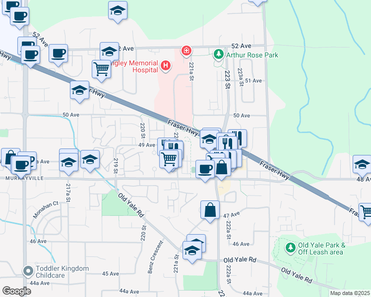 map of restaurants, bars, coffee shops, grocery stores, and more near 22136 49 Avenue in Langley Township