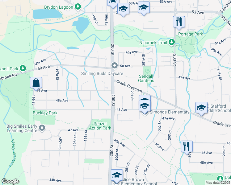 map of restaurants, bars, coffee shops, grocery stores, and more near 4880 200 Street in Langley