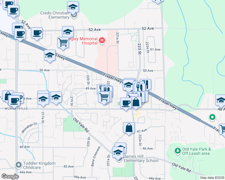 map of restaurants, bars, coffee shops, grocery stores, and more near 22136 49 Avenue in Langley