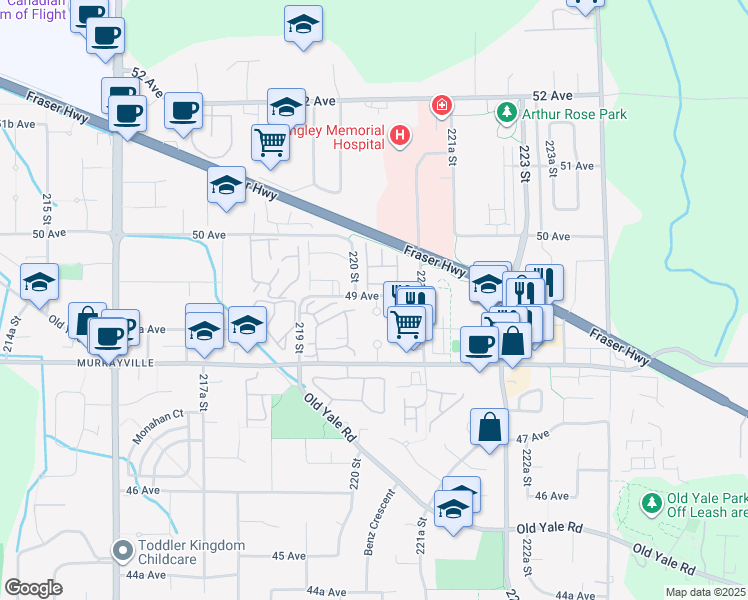 map of restaurants, bars, coffee shops, grocery stores, and more near in Langley