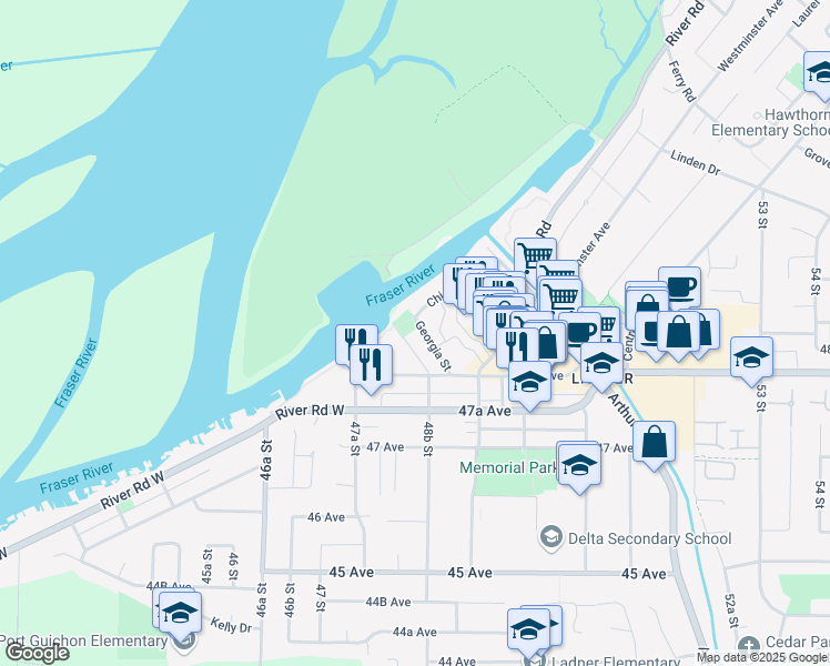 map of restaurants, bars, coffee shops, grocery stores, and more near 4861 Georgia Street in Delta