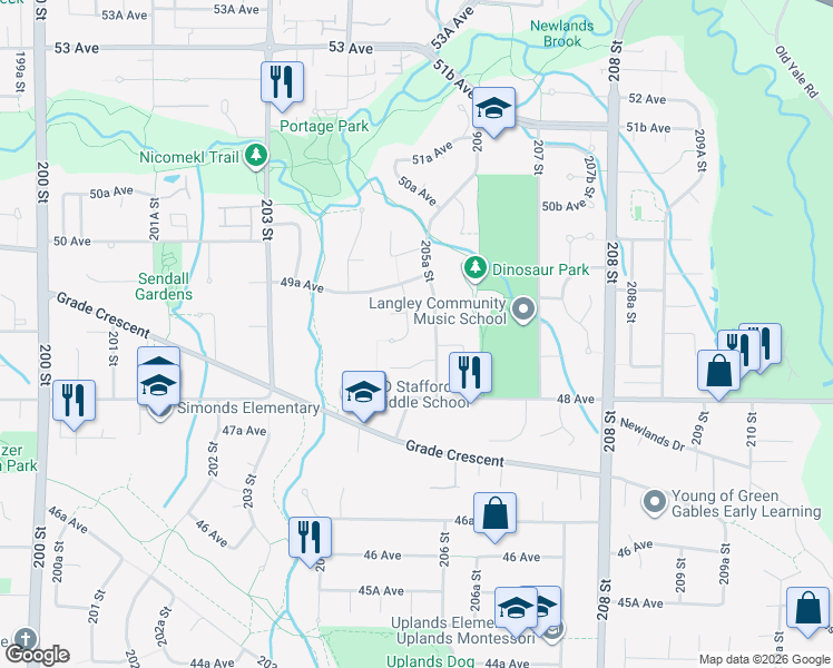 map of restaurants, bars, coffee shops, grocery stores, and more near 4894 205A Street in Langley
