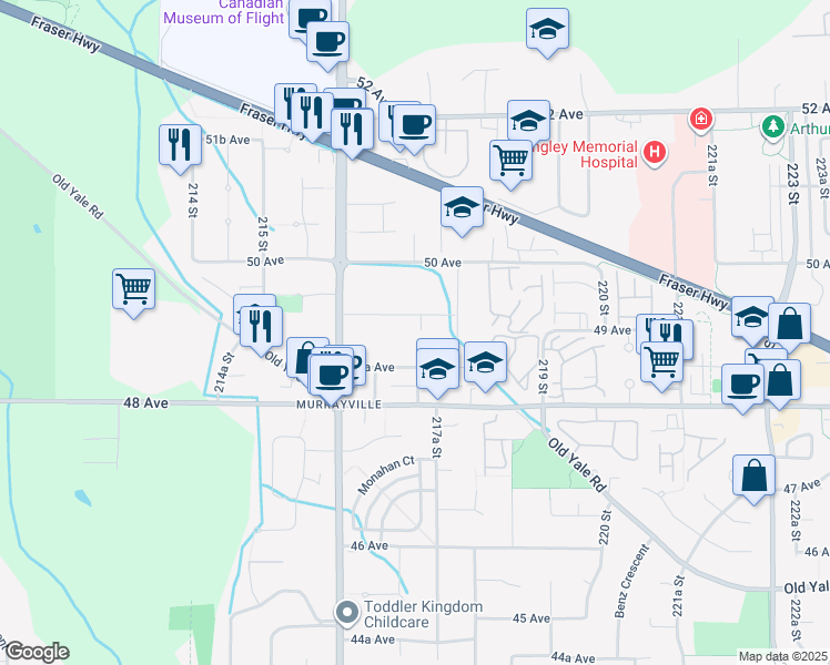 map of restaurants, bars, coffee shops, grocery stores, and more near 21710 49A Avenue in Langley