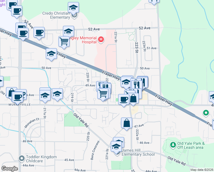 map of restaurants, bars, coffee shops, grocery stores, and more near 4887 221 Street in Langley