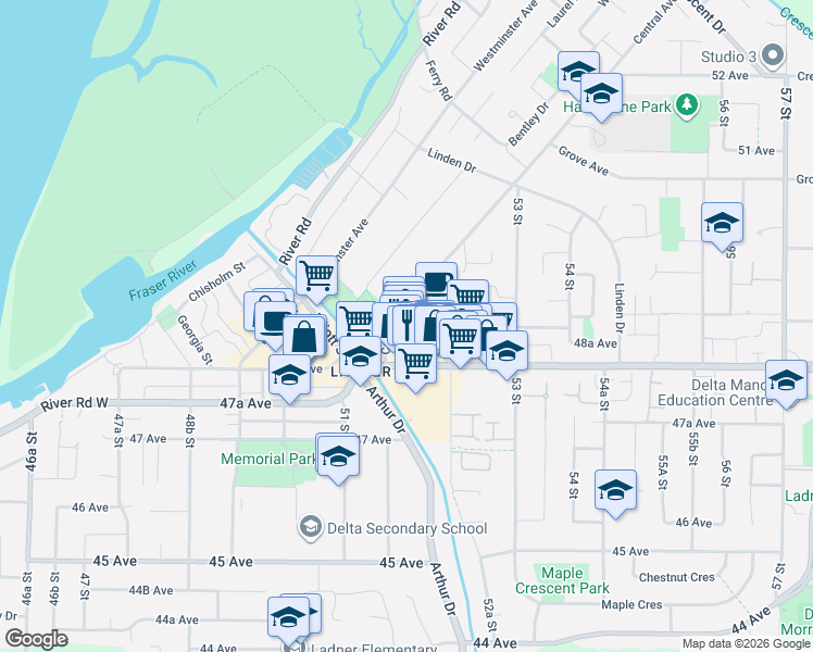 map of restaurants, bars, coffee shops, grocery stores, and more near 5229 Ladner Trunk Road in Delta