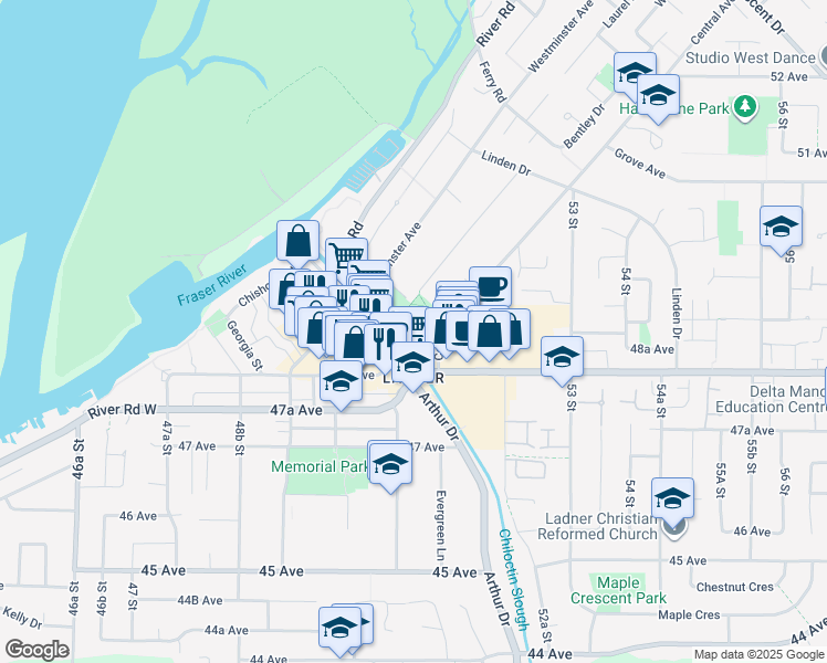 map of restaurants, bars, coffee shops, grocery stores, and more near 4841 Central Avenue in Delta