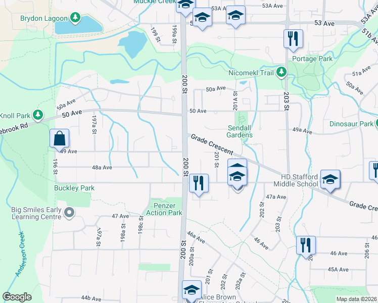 map of restaurants, bars, coffee shops, grocery stores, and more near 4900 200 Street in Langley