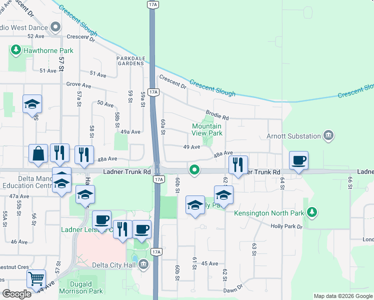 map of restaurants, bars, coffee shops, grocery stores, and more near 6096 49 Avenue in Delta