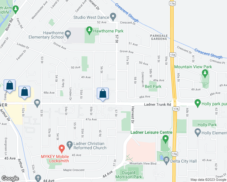 map of restaurants, bars, coffee shops, grocery stores, and more near 4855 57 Street in Delta