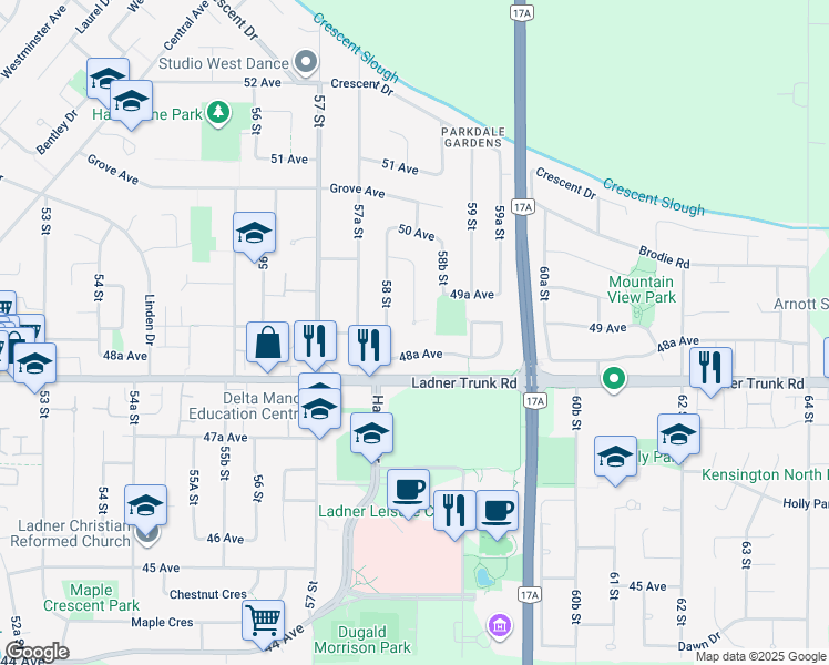 map of restaurants, bars, coffee shops, grocery stores, and more near 4870 Coleman Place in Delta