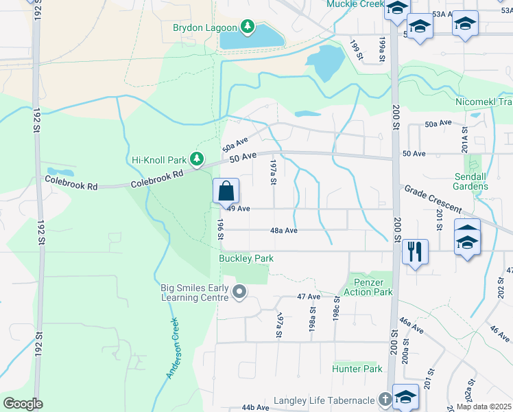 map of restaurants, bars, coffee shops, grocery stores, and more near 19691 49 Avenue in Langley