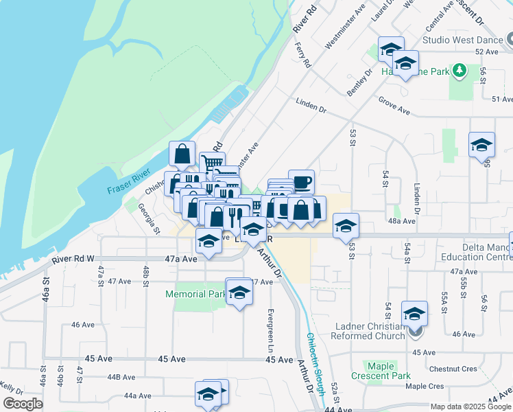 map of restaurants, bars, coffee shops, grocery stores, and more near 4863 Central Avenue in Delta