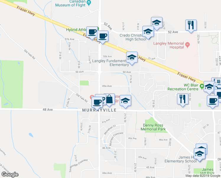 map of restaurants, bars, coffee shops, grocery stores, and more near 21654 49A Avenue in Langley