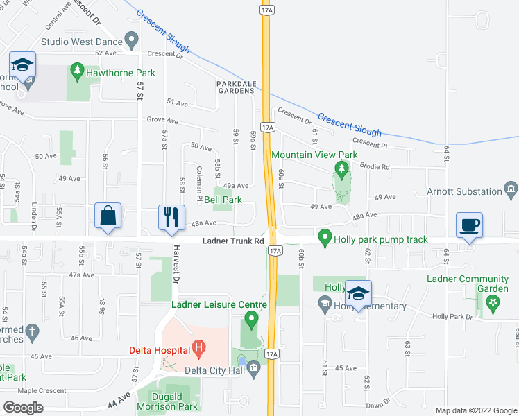 map of restaurants, bars, coffee shops, grocery stores, and more near 4862 59A Street in Delta