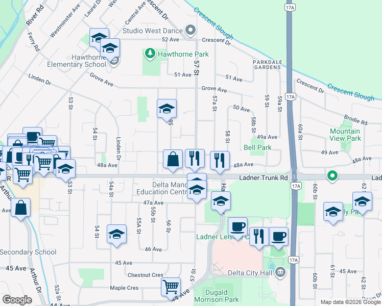 map of restaurants, bars, coffee shops, grocery stores, and more near 4855 57 Street in Delta