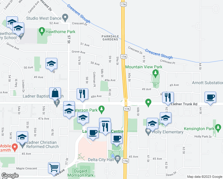 map of restaurants, bars, coffee shops, grocery stores, and more near 5574 49 Avenue in Delta