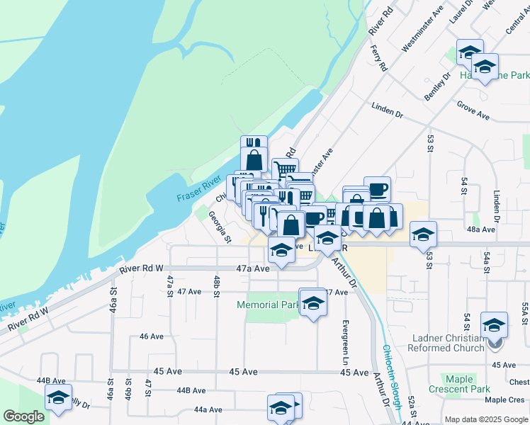 map of restaurants, bars, coffee shops, grocery stores, and more near 4915 Elliott Street in Delta