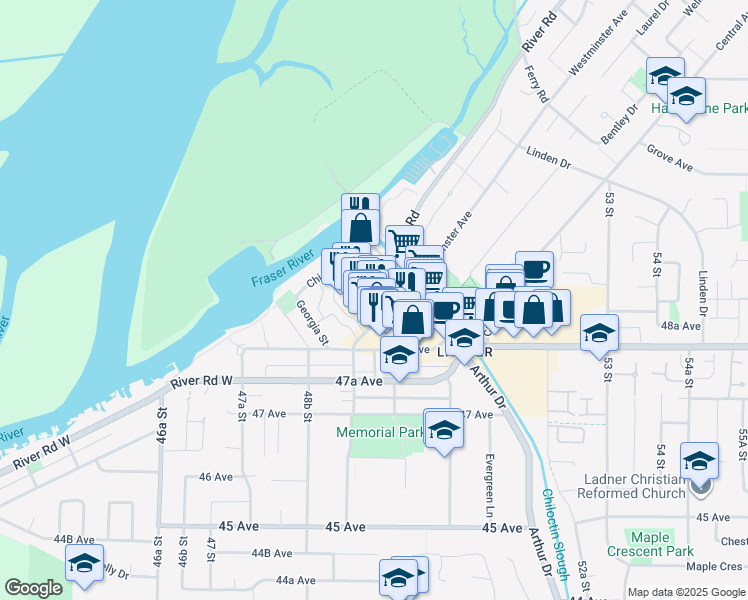 map of restaurants, bars, coffee shops, grocery stores, and more near 4915 Elliott Street in Delta
