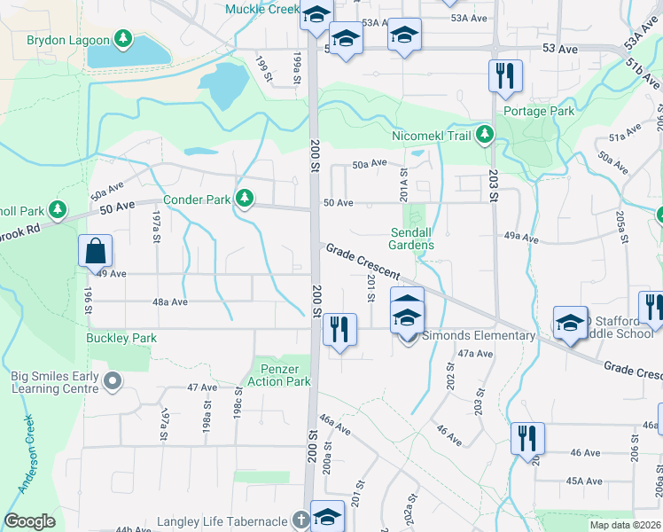 map of restaurants, bars, coffee shops, grocery stores, and more near 20022 Grade Crescent in Langley