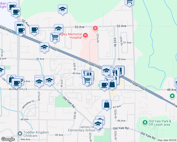 map of restaurants, bars, coffee shops, grocery stores, and more near 22087 49 Avenue in Langley Township
