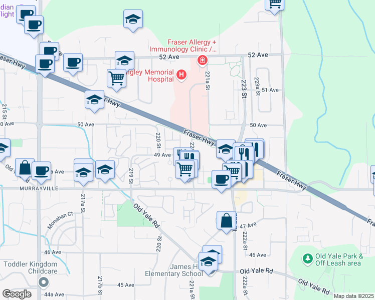 map of restaurants, bars, coffee shops, grocery stores, and more near 22087 49 Avenue in Langley City