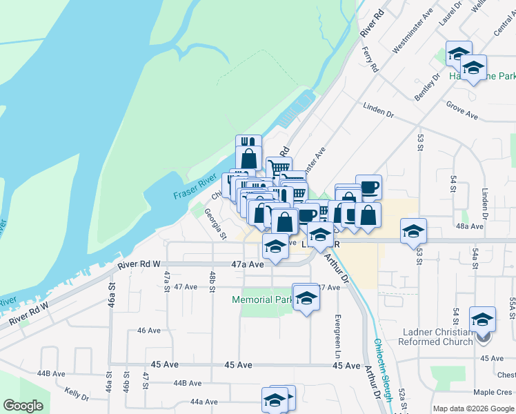 map of restaurants, bars, coffee shops, grocery stores, and more near 4915 Elliott Street in Delta