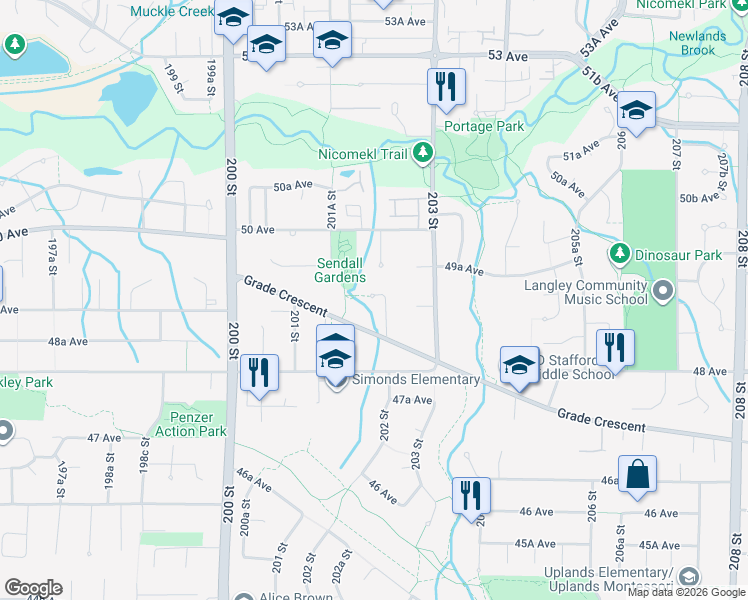 map of restaurants, bars, coffee shops, grocery stores, and more near 20238 49 Avenue in Langley