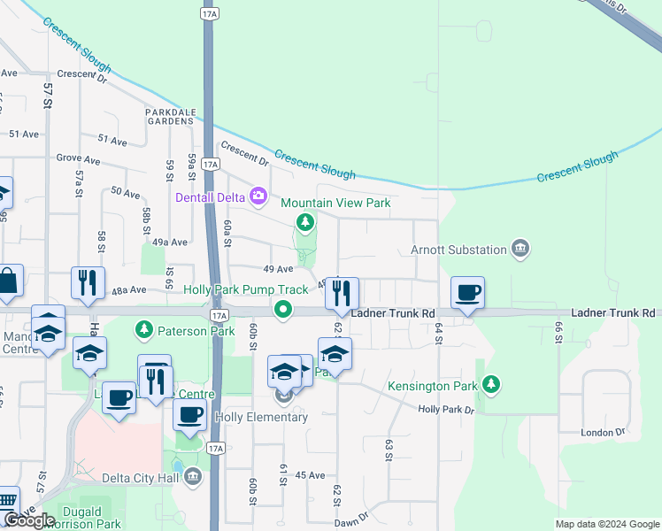 map of restaurants, bars, coffee shops, grocery stores, and more near 4875 62 Street in Delta