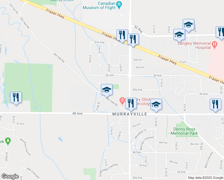 map of restaurants, bars, coffee shops, grocery stores, and more near 4922 215 Street in Langley