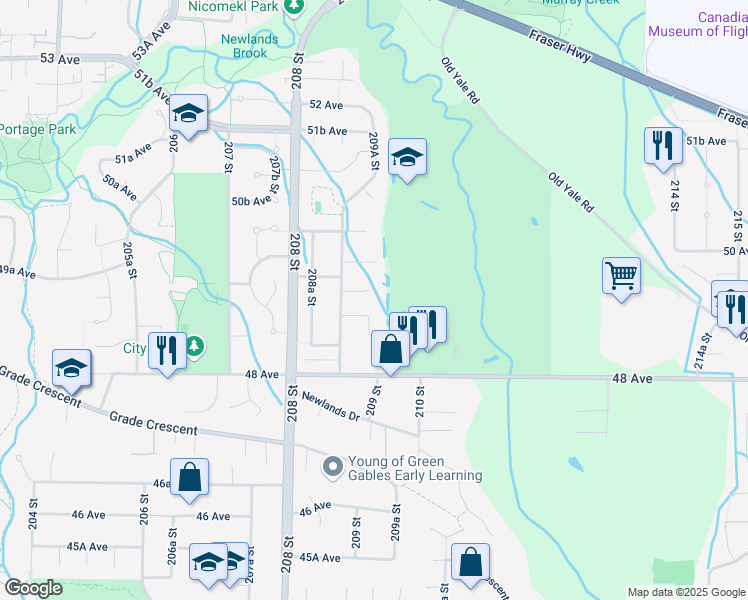 map of restaurants, bars, coffee shops, grocery stores, and more near 20936 49A Avenue in Langley