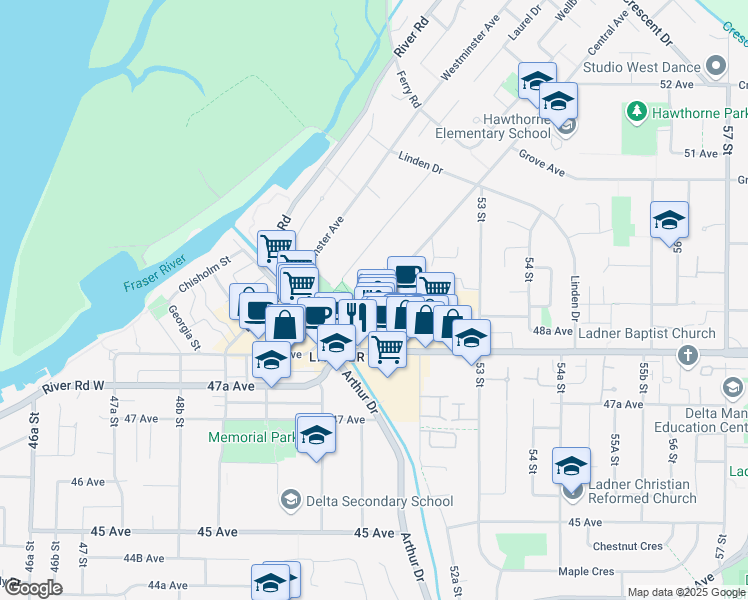 map of restaurants, bars, coffee shops, grocery stores, and more near 4887 Central Avenue in Delta