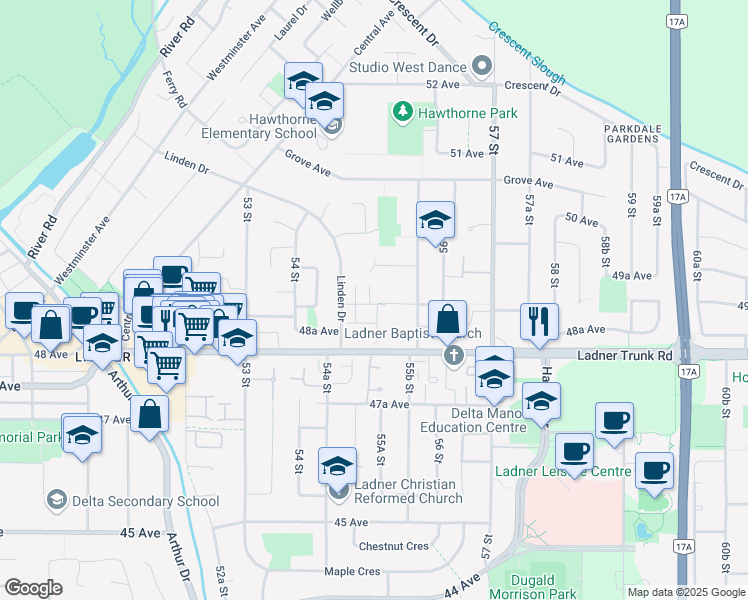 map of restaurants, bars, coffee shops, grocery stores, and more near 5511 48B Avenue in Delta