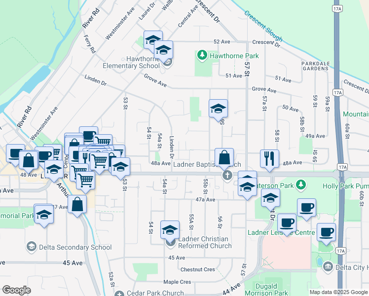 map of restaurants, bars, coffee shops, grocery stores, and more near 5511 48B Avenue in Delta