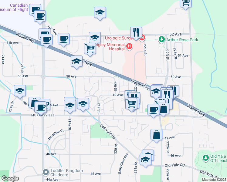 map of restaurants, bars, coffee shops, grocery stores, and more near in Langley Township