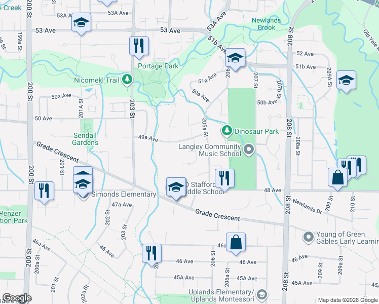 map of restaurants, bars, coffee shops, grocery stores, and more near 406 49 Avenue in Langley