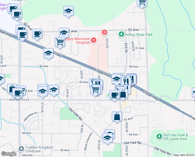 map of restaurants, bars, coffee shops, grocery stores, and more near 22087 49 Avenue in Langley Township