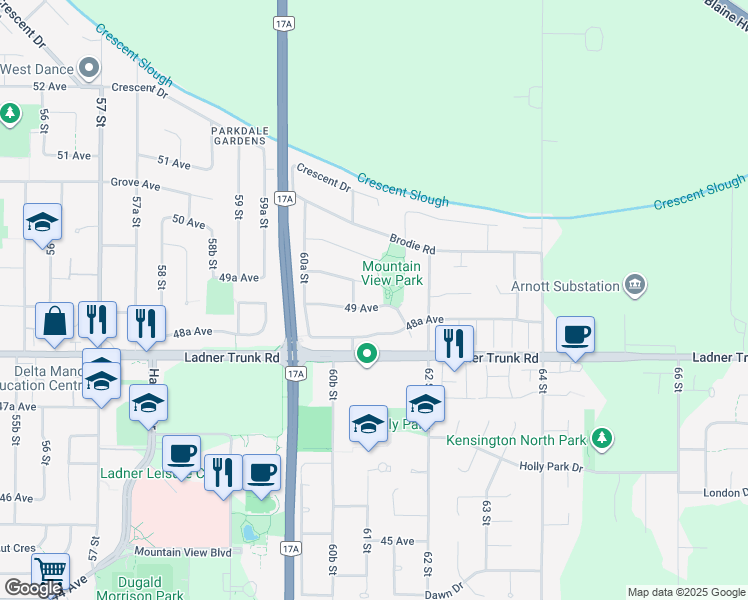 map of restaurants, bars, coffee shops, grocery stores, and more near 6129 49 Avenue in Delta